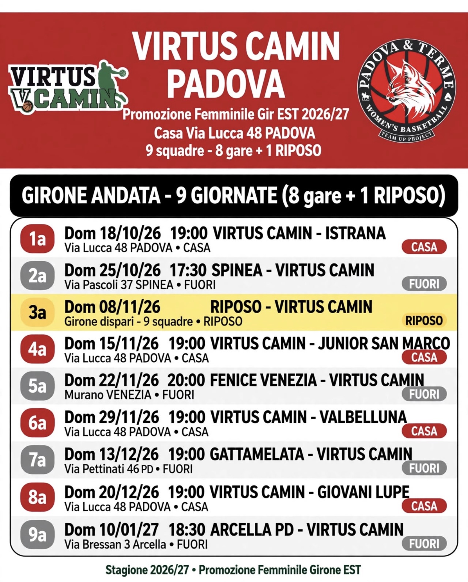 Calendario Andata Promozione Virtus Camin